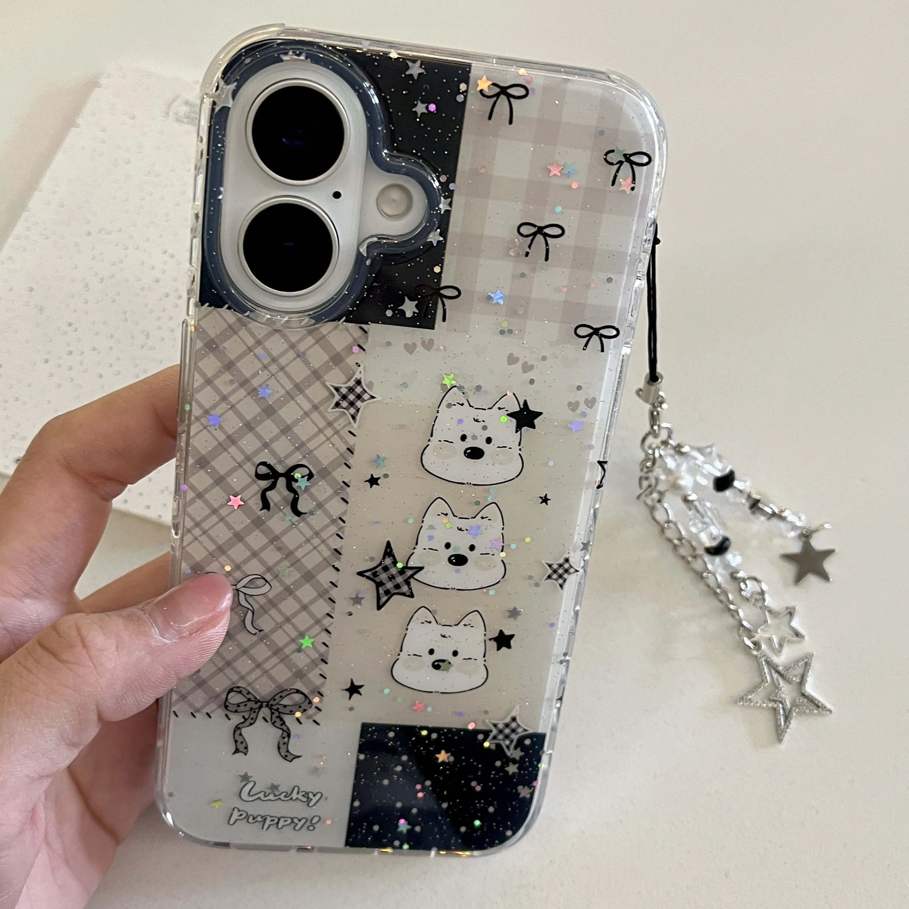 

Glitter shiny blingbling imd phone case cute dog bow puppy ins back cover for iphone 15 14 promax 16 13 pro max capa