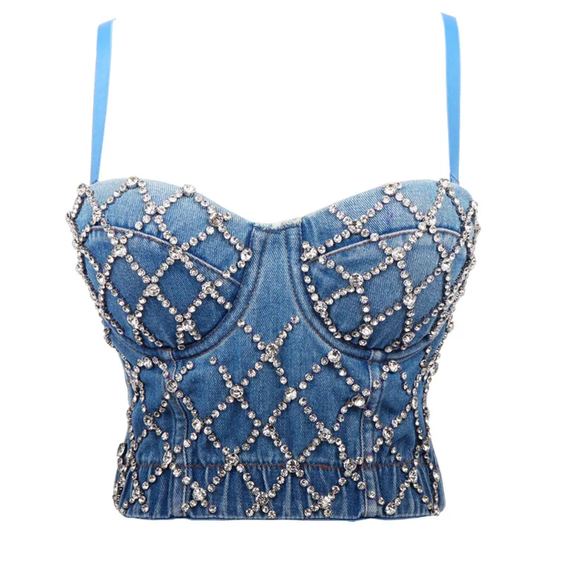 

Rhinestone Elastic Denim Corset Tops Women Summer Sleeveless Body Shaping Crop Cami Tops Blue Denim Sparkly Bustiers Tee