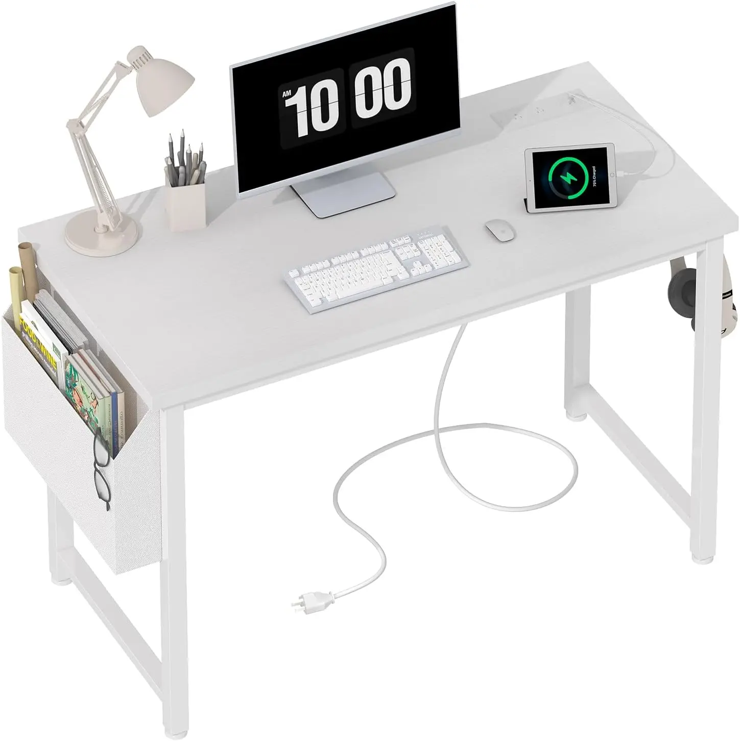 

39 inch white computer desk with power outlet, 40 inch youth study desk, home office office writing desk