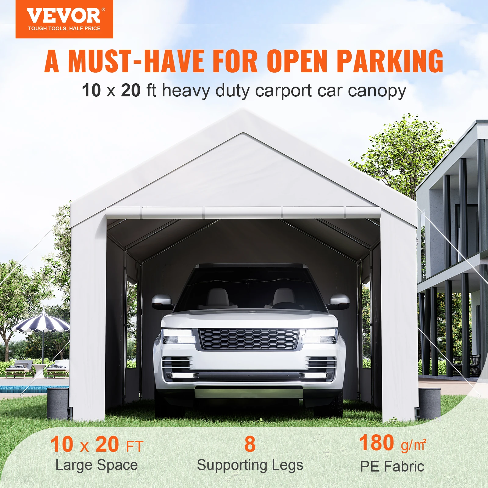 VEVOR Carport 10x20ft/12x20ft Wytrzymały baldachim samochodowy Wodoodporny garaż z zwijanymi wentylowanymi oknami i zdejmowanymi ściankami bocznymi