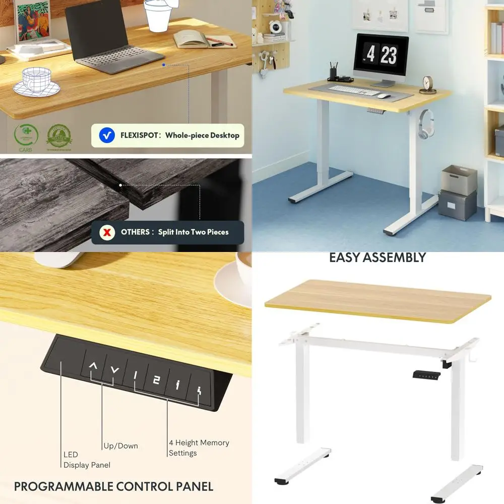 Electric Height-Adjustable Standing Desk, 40x24, White Frame & Maple Top, Home Office Computer Workstation