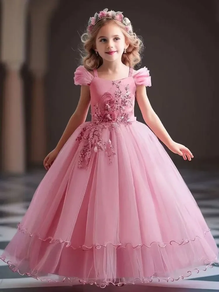 

Puff sleeve pink flower girl dress, 3D lace patchwork long dress, girl's holiday formal dress, wedding party, beauty tutu dress