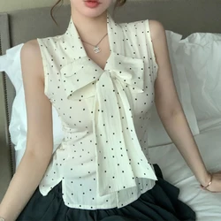 Summer New Polka Dot Sleeveless Sexy Blouse Lacing Patchwork Slim Striped Fashion Short Shirt Tops Y2K Sweet Trend Women Clothes