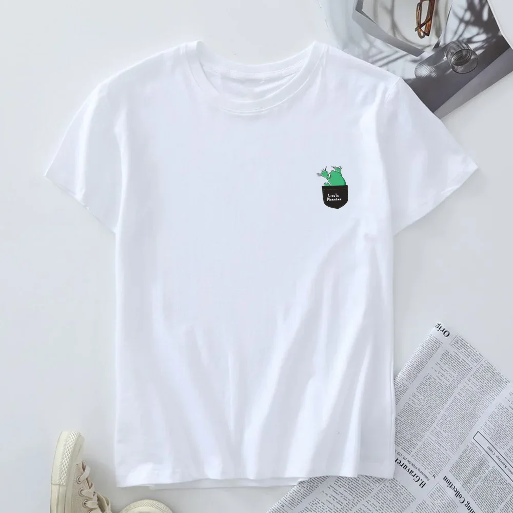 Vrouwen T-Shirt Korte Mouw T-Shirt Zomer Katoenen T-Shirt Vrouwen Kleding Dames Top Mode Kleine Monster Pocket Grafische T-Shirts