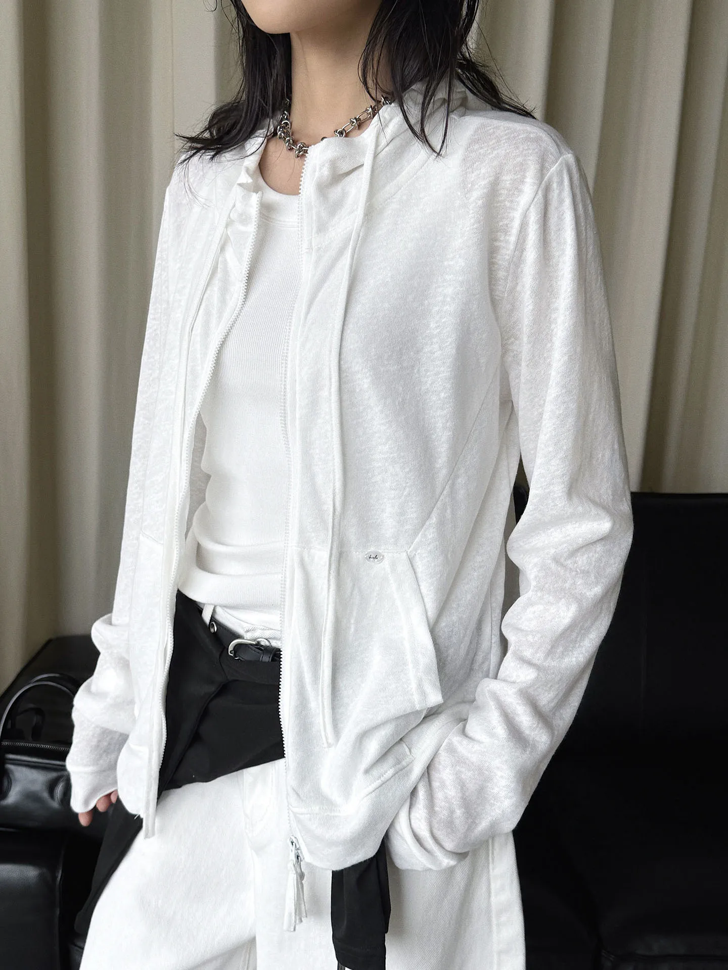 Summer new Korean minimalist relaxed hooded double zipper solid color cardigan T-shirt sunscreen top for women