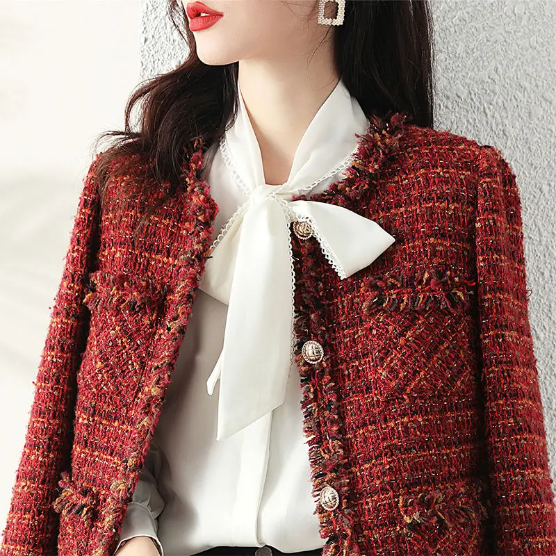 Chaqueta corta de Tweed de estilo coreano para mujer, abrigo de lana elegante a la moda, Tops A6, otoño e invierno, 2023