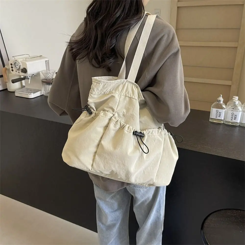 Portable Wrinkled Drawstring Tote Bag Solid color Korean Style Canvas Handbag Storage Bag Shoulder Bag Nylon Underarm Bag Travel