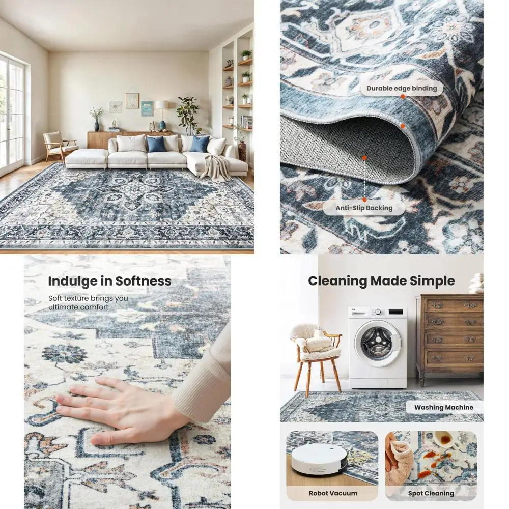 

Washable 8x10 Area Rug with Low Profile, Non-Slip Backing and Durable Edge Binding, Vintage Style