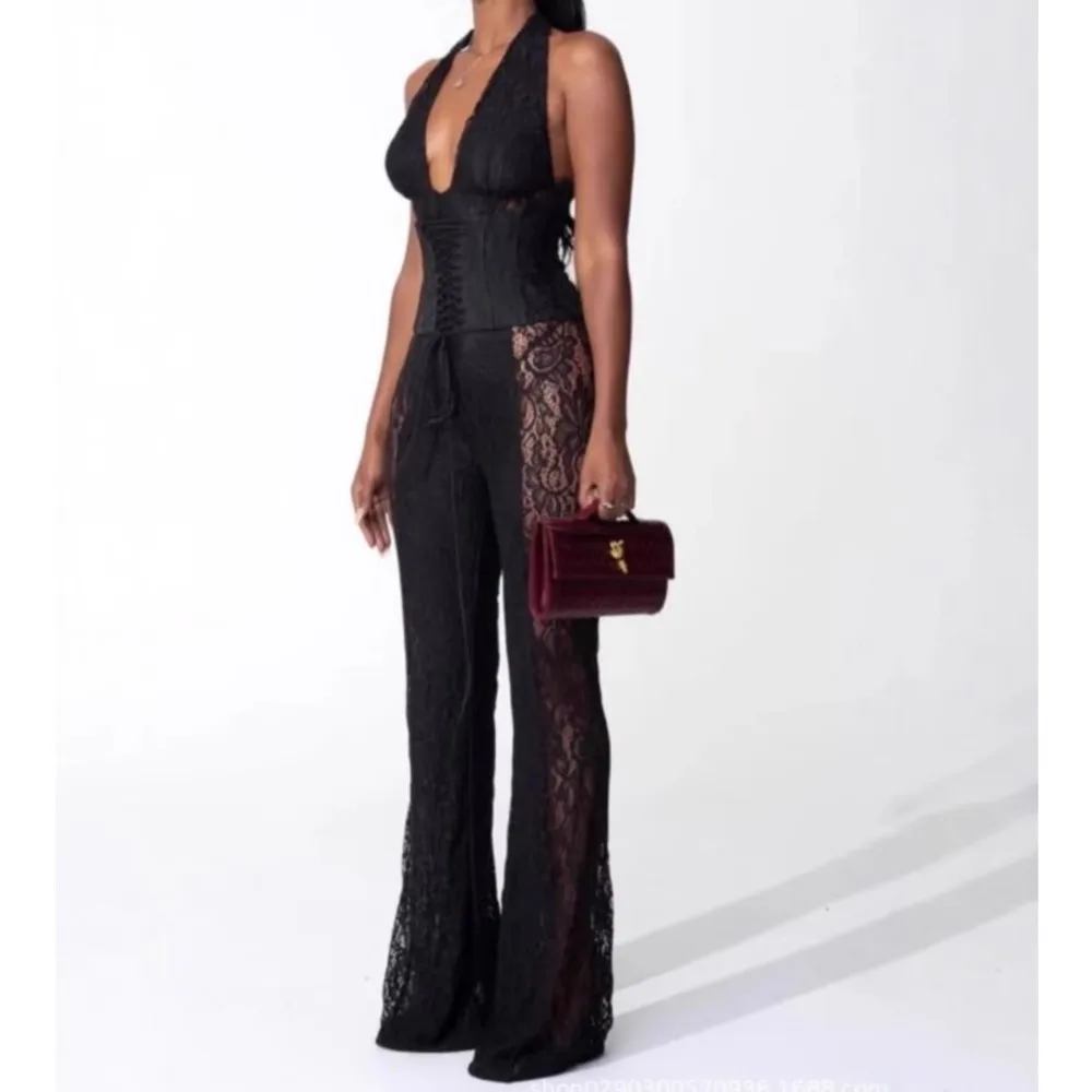 Lace Splicing Jumpsuit Summer New Women's Halterneck Sleeveless Lace-up Black V-neck Sexy See-through Flared Trousers Ropa Mujer