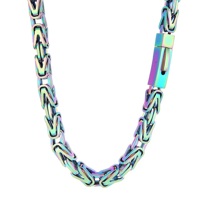 Vintage 8MM Rainbow Byzantine Lock Chain Men\'s Necklace Hip Hop Stainless Steel Polished Emperor Chain Charm Male Jewellery