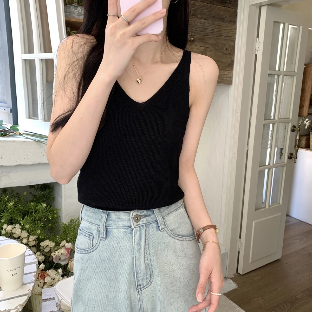 

Elastic Knitted V-neck Elasticity Camisole 2026 Korea Summer Solid Basic Women's Tank Top Sexy Versatile Sleeveless Straps Vest