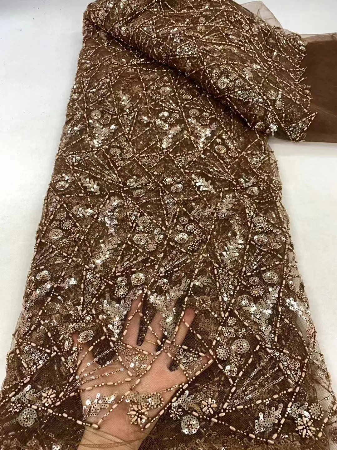 Brown 2024 High Quality African Nigerian Tulle Lace Fabric Sequins Embroidery French Guipure Wedding Party Dress Beaded 5Yards