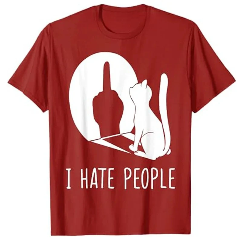 Cat Shadow I Hate People Middle Finger T-Shirt Humor Funny Kitty Graphic Outfit Short Sleeve Blouses Gifts Sarcastic