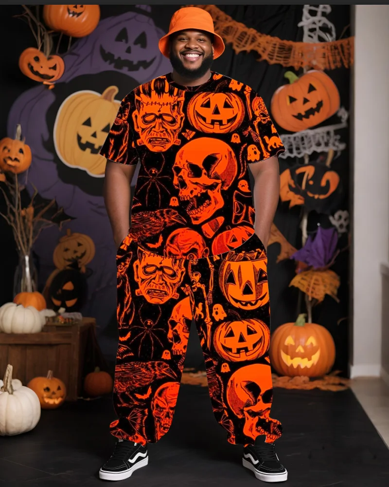 

S-9XL Men's Plus Size Halloween Short Sleeve T-Shirt and Pants Two-Piece Set