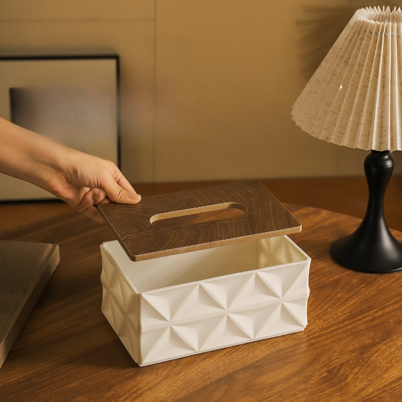 Große Kapazität, gewellte Taschentuchbox, minimalistischer Desktop-Organizer mit dickem, massivem Holzdeckel, platzsparende Heimaufbewahrungsdekoration – Detail 4