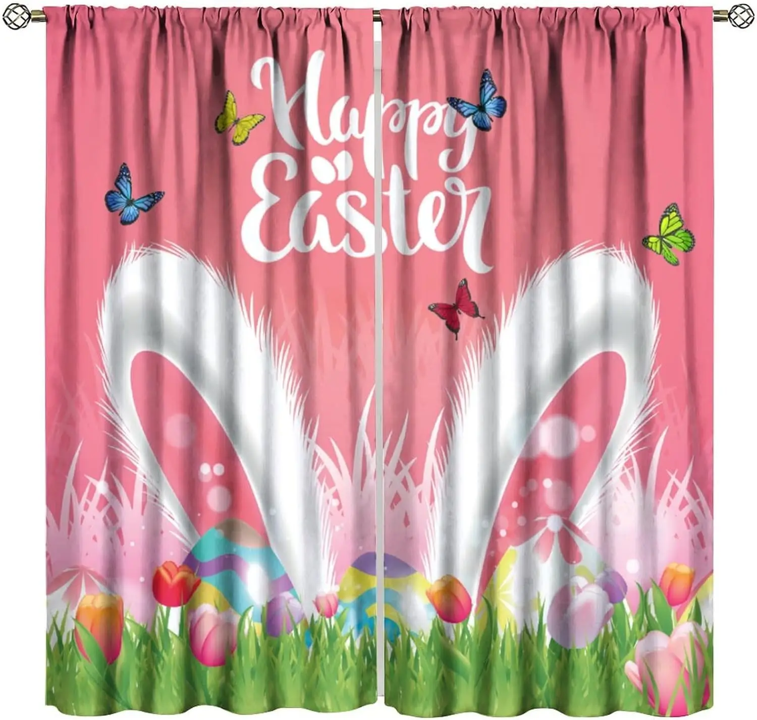

Розовые шторы с кроличьими ушками, пасхальные занавески с бабочками, милыми кроликами, тюльпанами и цветочными узорами, для гостиной и спальни