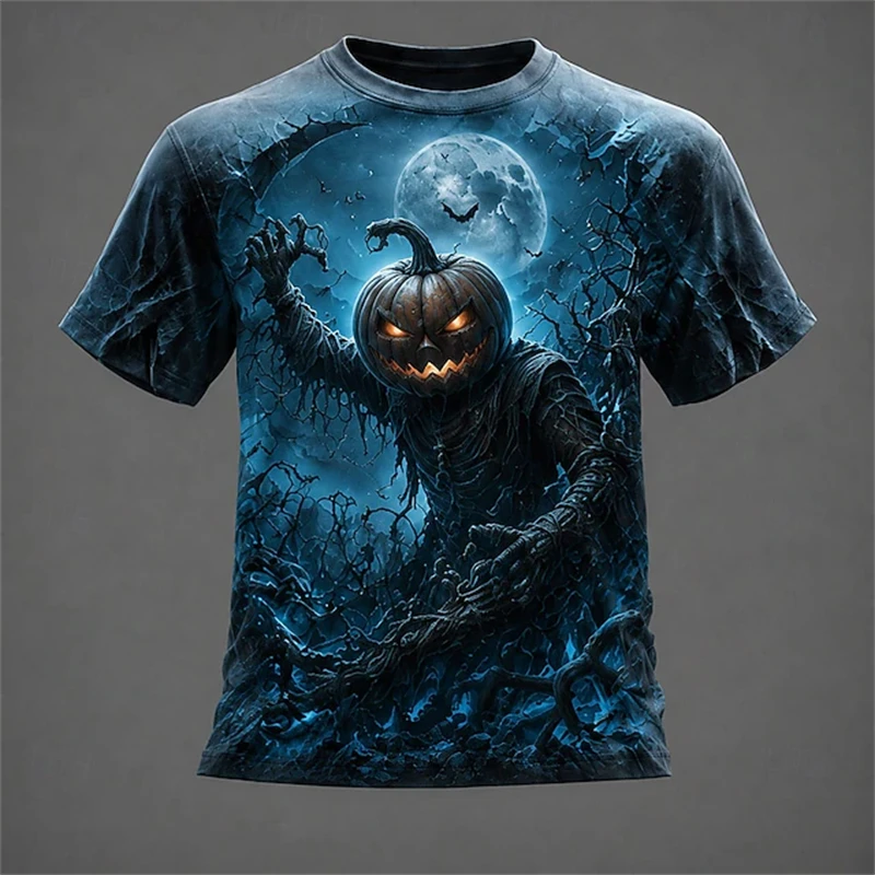 2026 Halloween Men's 3D-Printed Crew-Neck T-Shirt: Blue Flame Pumpkin Man Short-Sleeve Top Festive Loose-Fit Horror Top