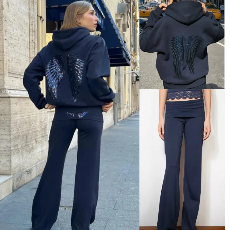 Sudaderas con capucha con alas de Ángel y lentejuelas para mujer, jerséis holgados de manga larga, conjunto de pantalón de Yoga ajustado, conjuntos informales de dos piezas para mujer 2026