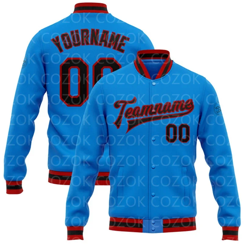 

Custom Brilliant blue 3D Printed Baseball Button Jacket Bomber Full-Snap Varsity Letterman Jacket