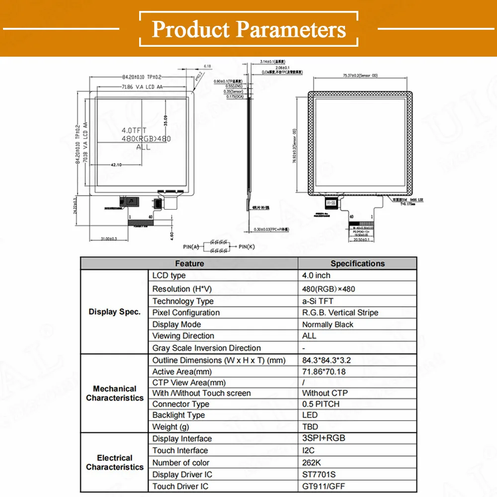 Modul Layar Tampilan LCD TFT 4.0 Inci 480*480 3SPI RGB 18Bit 40Pin 3.3V GT911 HDMI Drive Board ST7701S dengan Touch Square