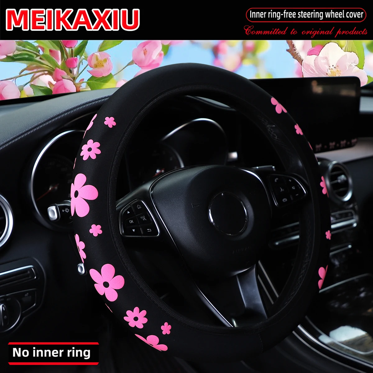 Diving Material Foamed Beautiful Flower Fabric Car Rimless Steering Wheel Cover Suitable for 37-38cm Women's Size