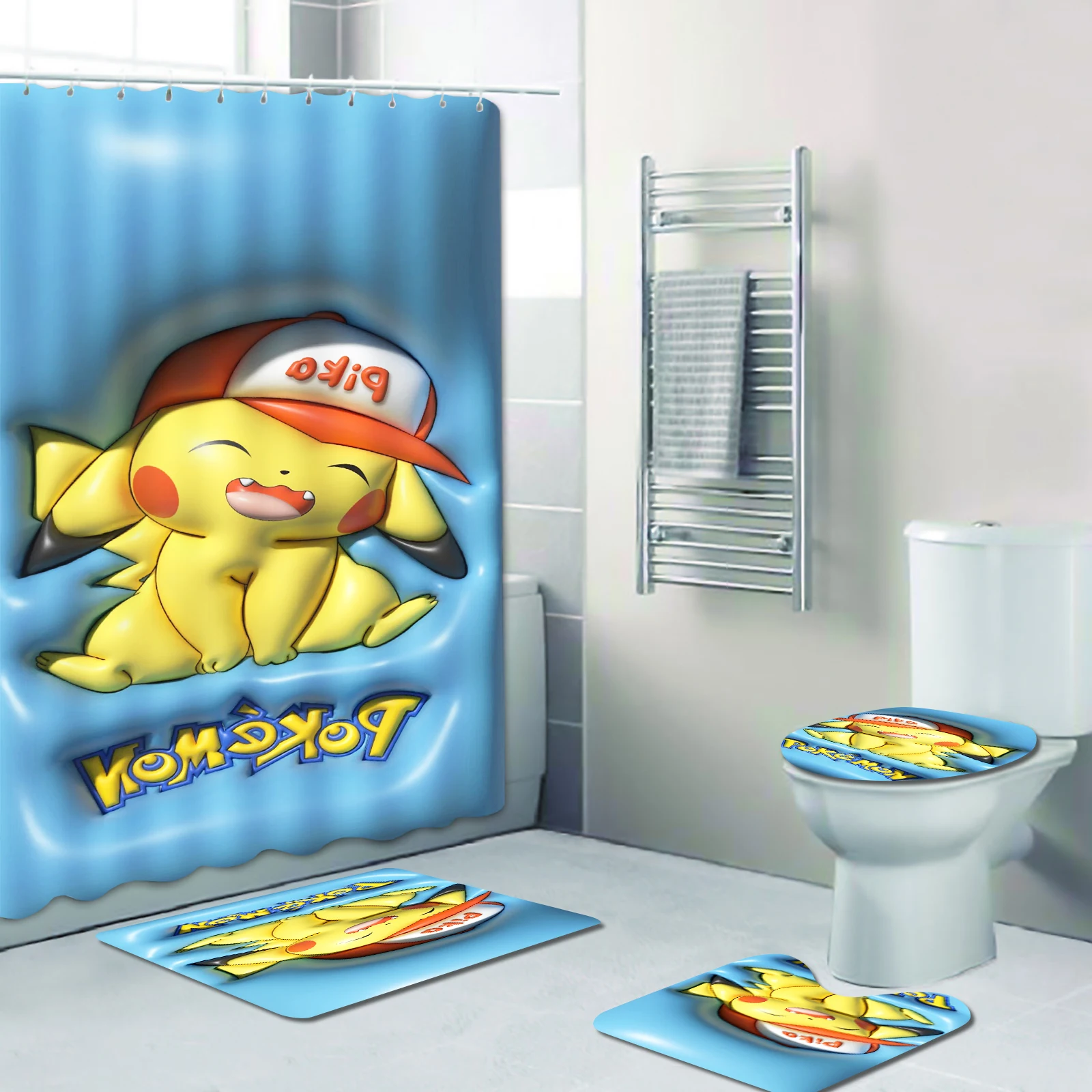 

Аксессуары для ванной комнаты Pokémon, занавеска для душа, аниме, набор из 4 предметов, коврики и шторы для декора гостиной, роскошные милые наборы