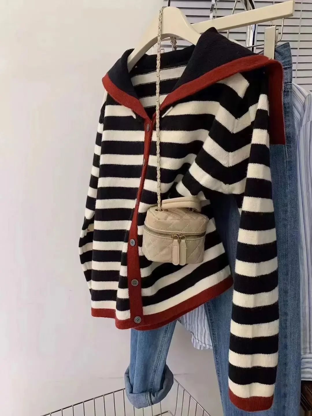 Gagaok Casual Striped Navy Collar Knitted Cardigan Temperament Autumn Winter Sweater Jacket Autumn 2024 Slimming Short Top