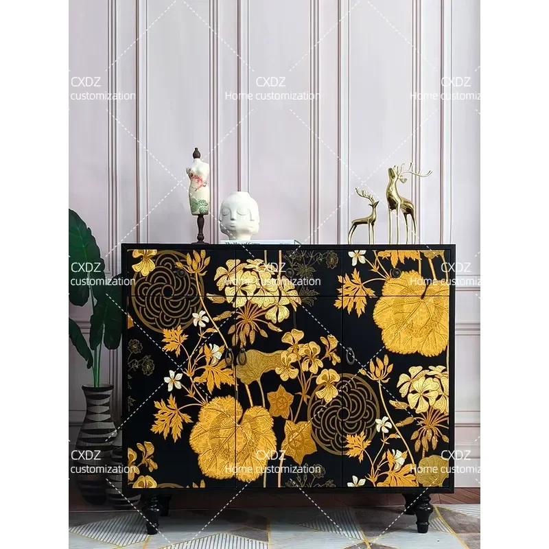 New Chinese Style Solid Wood Shoe Cabinet Entryway Foyer Storage Locker Light Luxury Black Gold Lace Chest Retro Living Room