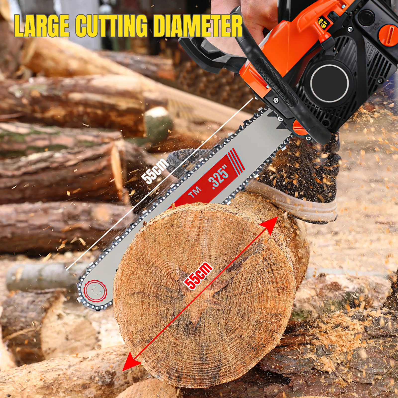 Tronçonneuse à essence haute puissance, scie à bois domestique, machine de coupe de bois multifonctionnelle, tronçonneuse à essence portable pour l'abattage d'arbres, la taille des branches et la coupe de bois de chauffage, outil de travail forestier extérieur