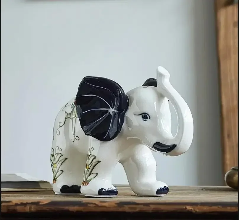 Blue and White Elephant Ornament Ceramic Crafts Animal Decorations Home Accessories Statuette Knickknacks Figurines Statue