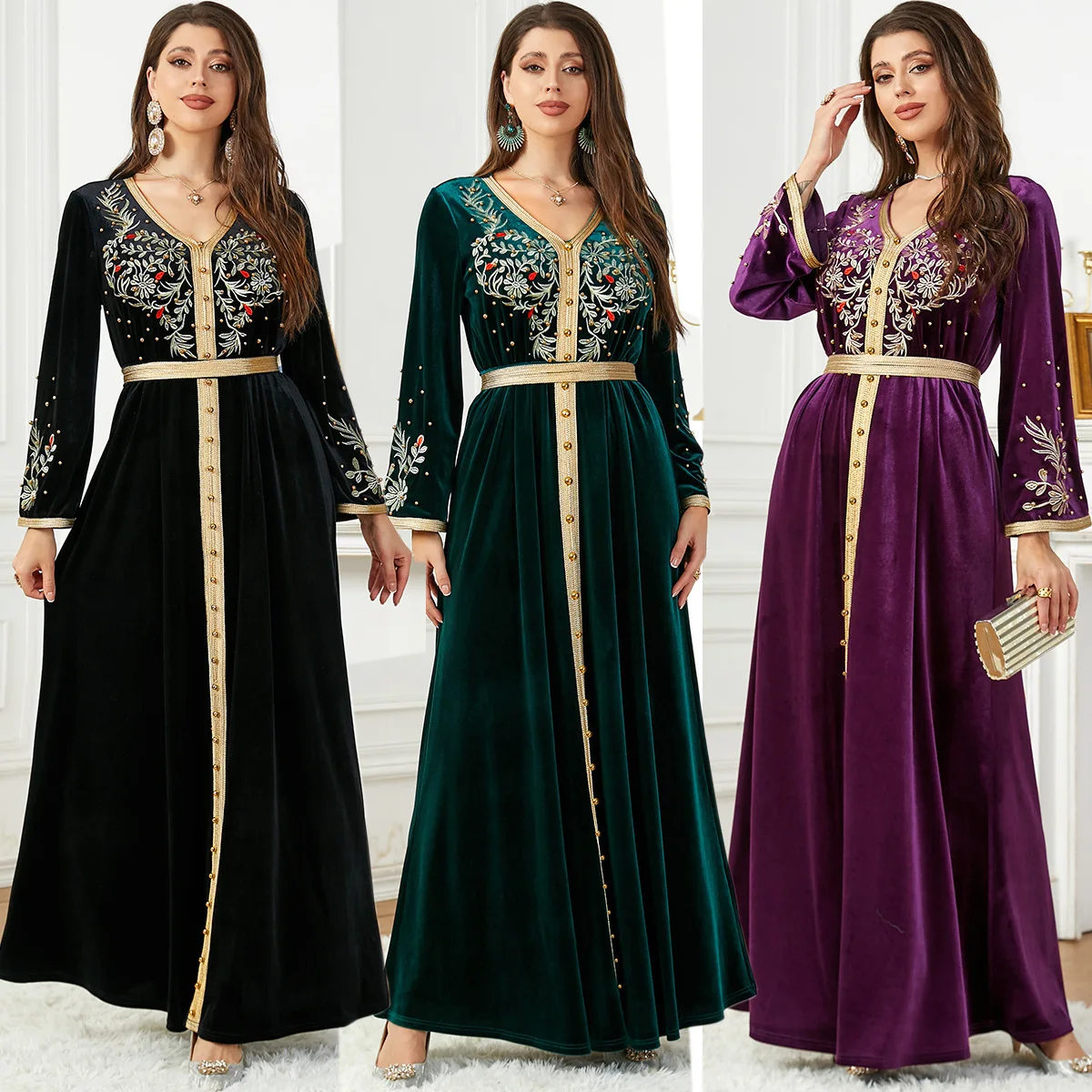 

3754 Dubai Fashion Autumn/Winter Embroidered Beaded Velvet Dress Arab Women's Evening Dress