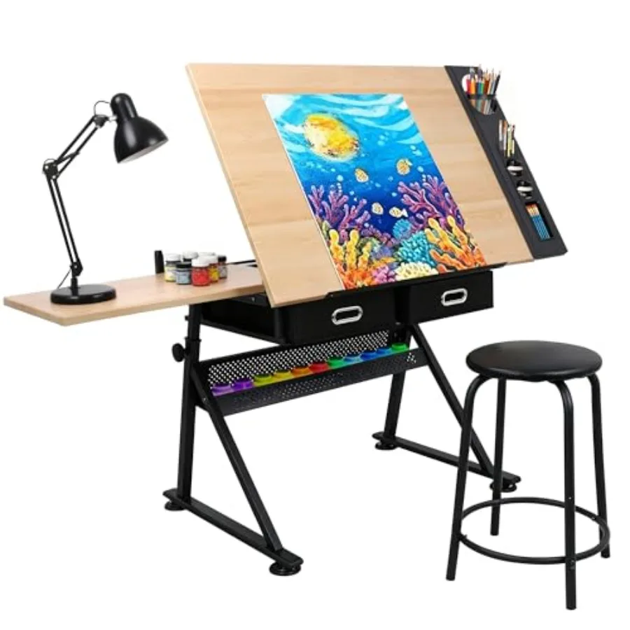 Drafting Table Art Desk with 2 Storage Drawers Height Adjustable Drawing Table for Painters Working Writing Home Office Natural