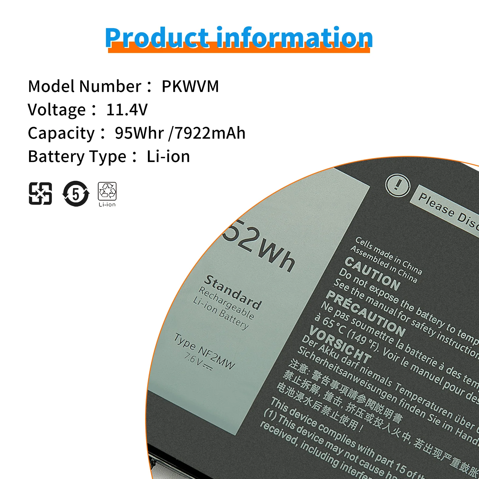 95WH PKWVM – bateria do laptopa, kompatybilna z modelami DELL Precision 7550, 7560, 7750, 7760, seria P44E, P93F, C903V, CR72X, 17C06, 0CR72X. — zdjęcie produktu 5