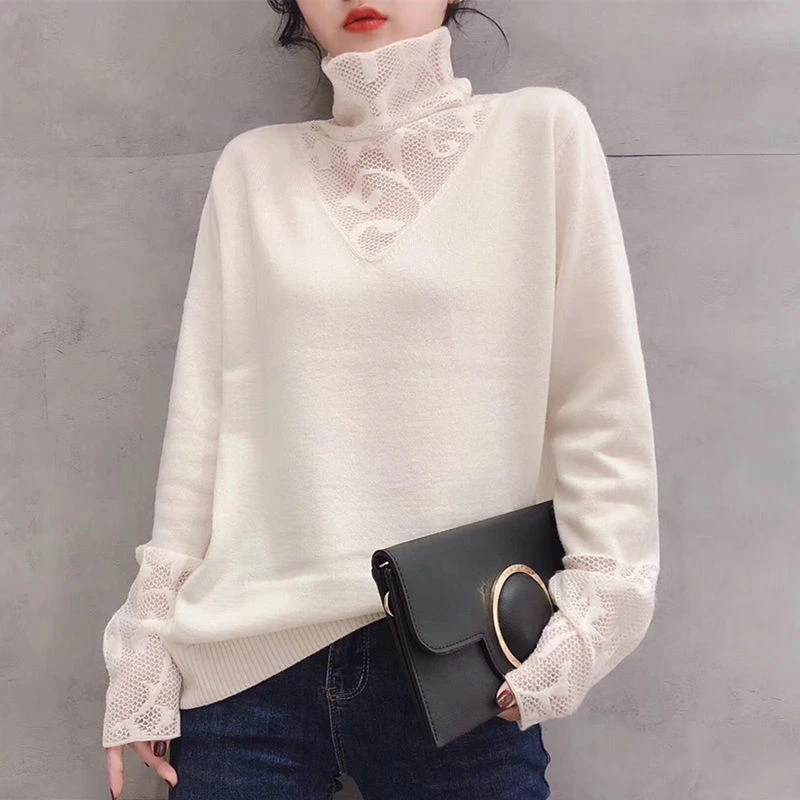

High Neck Lace Splicing Loose Knitted Sweater Long Sleeve Hollow out Women's Base Shirt Autumn Winter New Style Fashion Slimm...