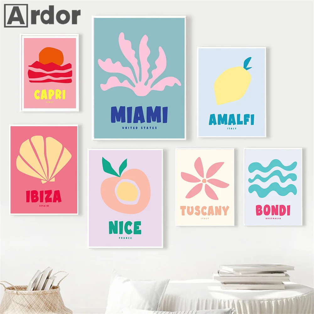 Preppy Color Travel Posters Miami Bondi Palms Ibiza Mykonos Capry Art Prints Minimalist Nordic Canvas Painting Living Room Decor