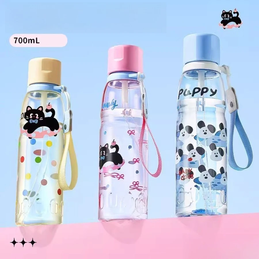 

New high-color value large-capacity cartoon cute printing straw water cup children school portable carry rope water bottle