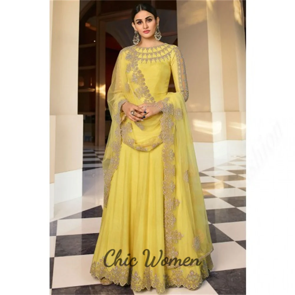 Traditional Yellow Dubai Arabic Evening Dress 2023 Pakistan Indian Floor Length Prom Dresses With Appliques Long Sleeve Formal