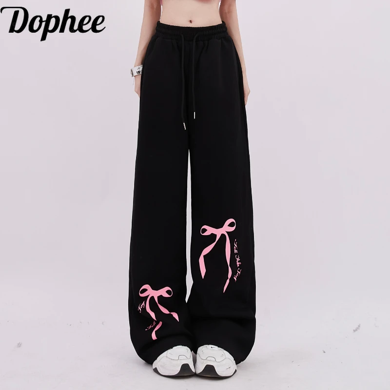 

Dophee Women Black Casual Trousers Cute Bow Printed All-match Drawstring Elastic Waist Loose Straight Pants Y2k Dopamine Girl