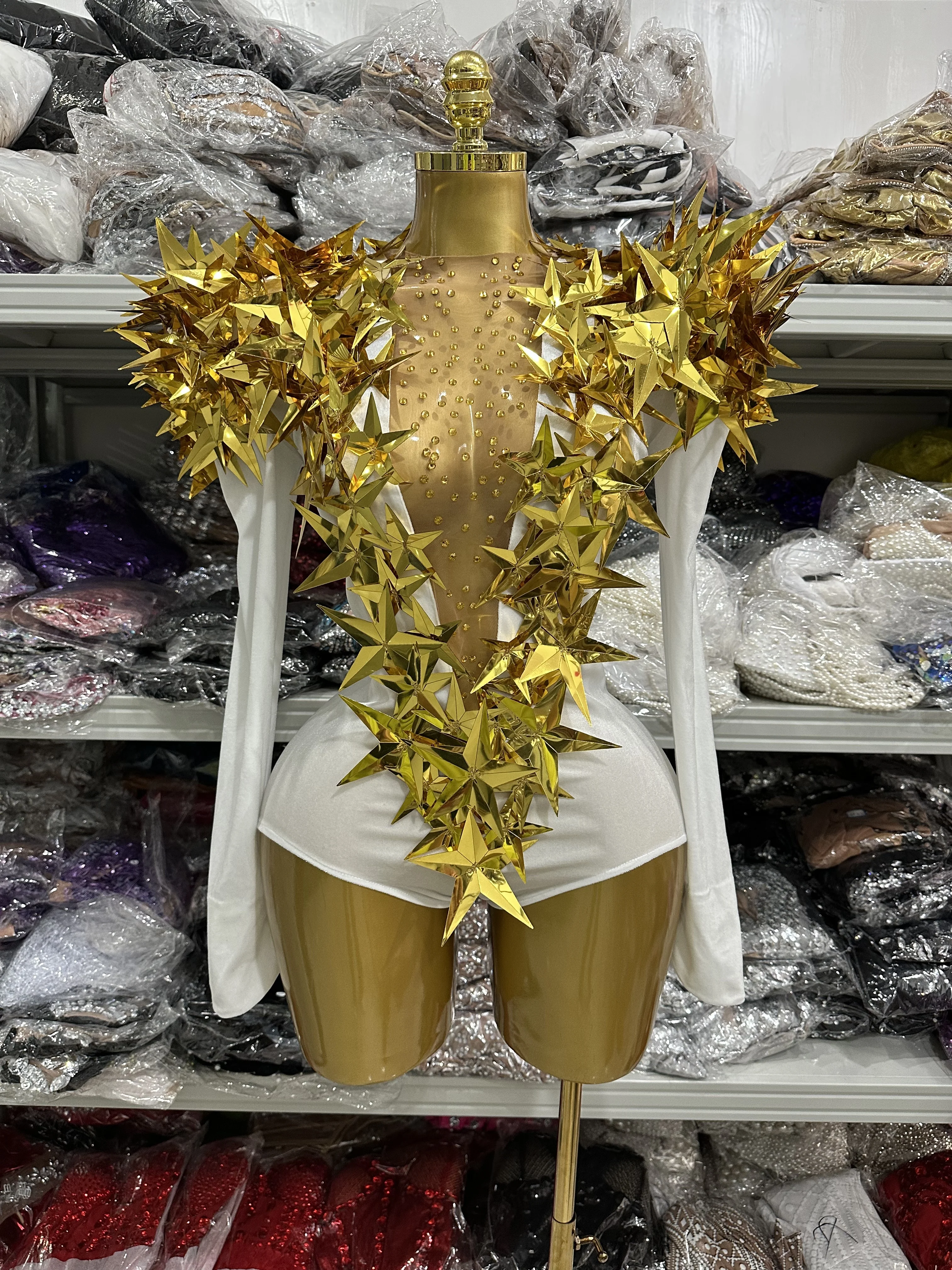 Preto branco feminino manga longa sexy dourado brilhante estrelas bodycon bodysuit veludo celebrar boate festa bar dançarino palco wear