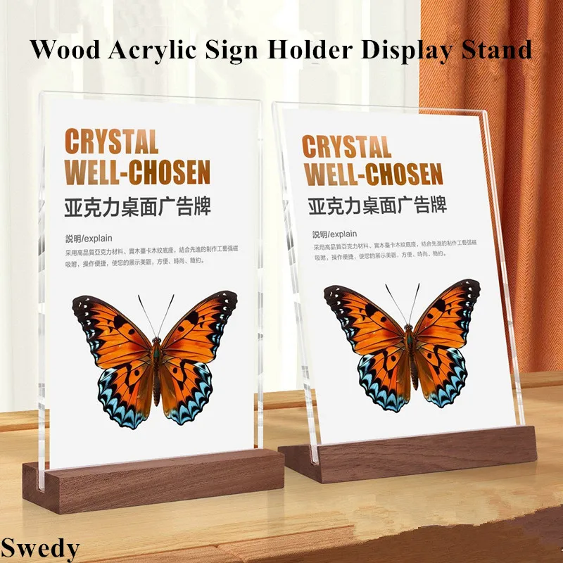 3 Pieces A4 210x297mm Wooden Restaurant Menu Paper Holder Price Label Holder Poster Frame Acrylic Sign Holder Display Stand