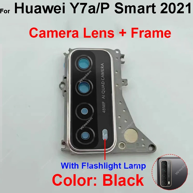 غطاء عدسة زجاجية للكاميرا لهاتف هواوي Y7A P SMART 2021 حامل إطار عدسة الكاميرا الخلفية الخلفية مع جزء إصلاح ملصق لاصق
