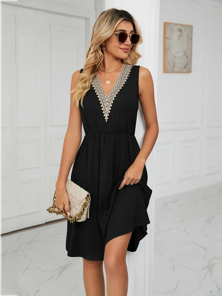 2024 Summer Black Sleeveless Dress Women V Neck Short Party Dress Female Pocket A Line Midi Lace Dresses Ladies Office Dress