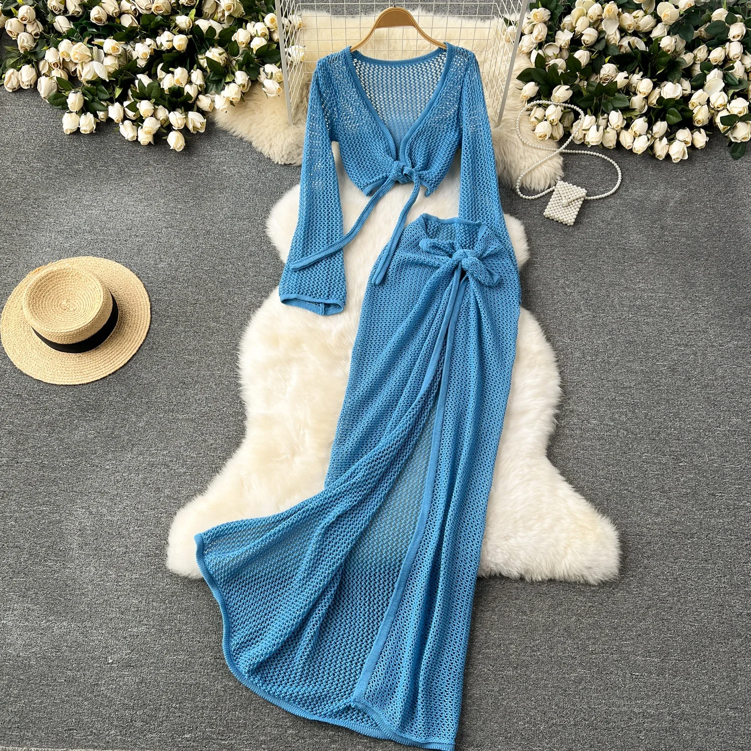 

Clothland Sexy Hollow Out Crop Top Skirt Suit Long Sleeve Lace Up Short Shirt Split Long Skirts Knitting Two Piece Set TA425