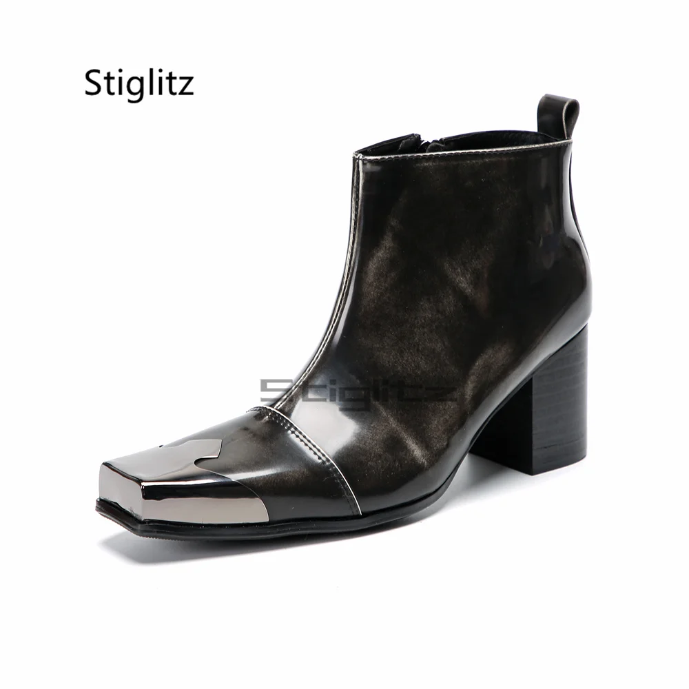 Men Metallic Square Toe Ankle Boots Glossy Genuine Leather Side Zipper Block High Heels Short Business Dress Shoes Botas Hombre