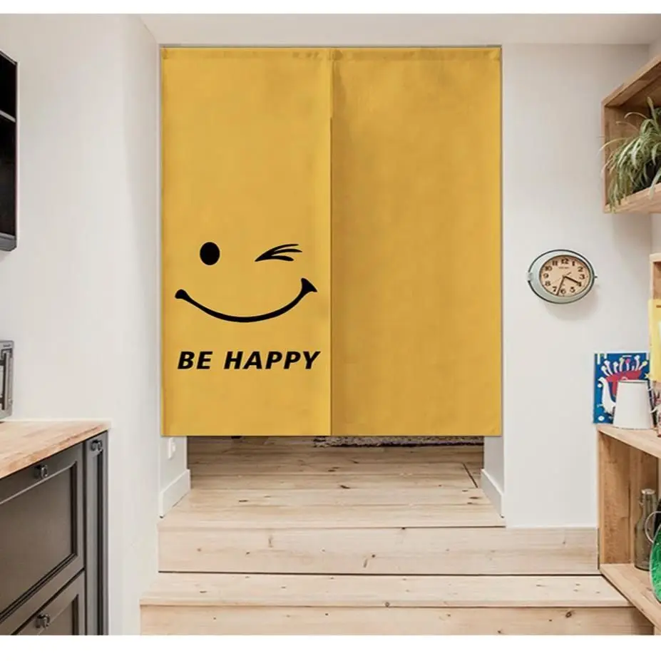 Nordic Ins Happy Face Yellow Door Curtain Home Decorations Hanging Curtains Kitchen Bathroom Partition Curtain Japanese Noren