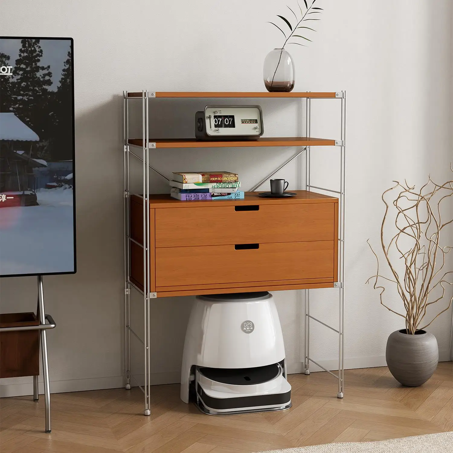 رف خزانة من الخشب الصلب رف تخزين أرضية من الفولاذ المقاوم للصدأ لغرفة المعيشة رف روبوت كنس #5