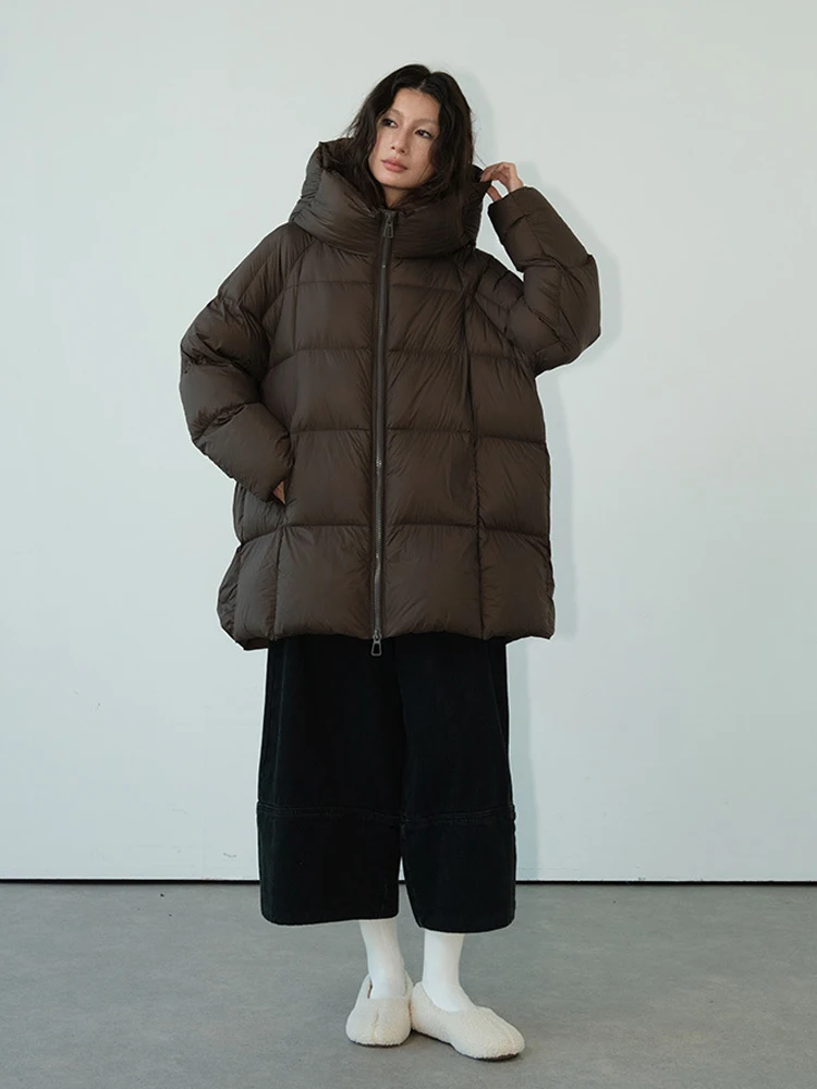 Luxe Pluizige 90% witte eend donsjack voor vrouwen 2026 Winter Beige Capuchon Rits puffer jas Oversize Warm INKEO DJ648