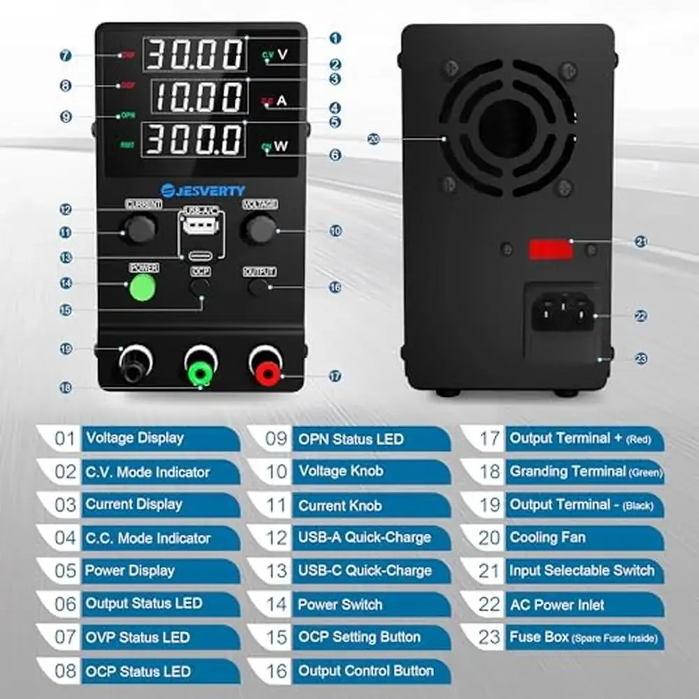 Adjustable Bench Power Supply Type-C USB Charging 0-30V 0-10A Regulated DC Switching Unit Compact Lightweight Electronics