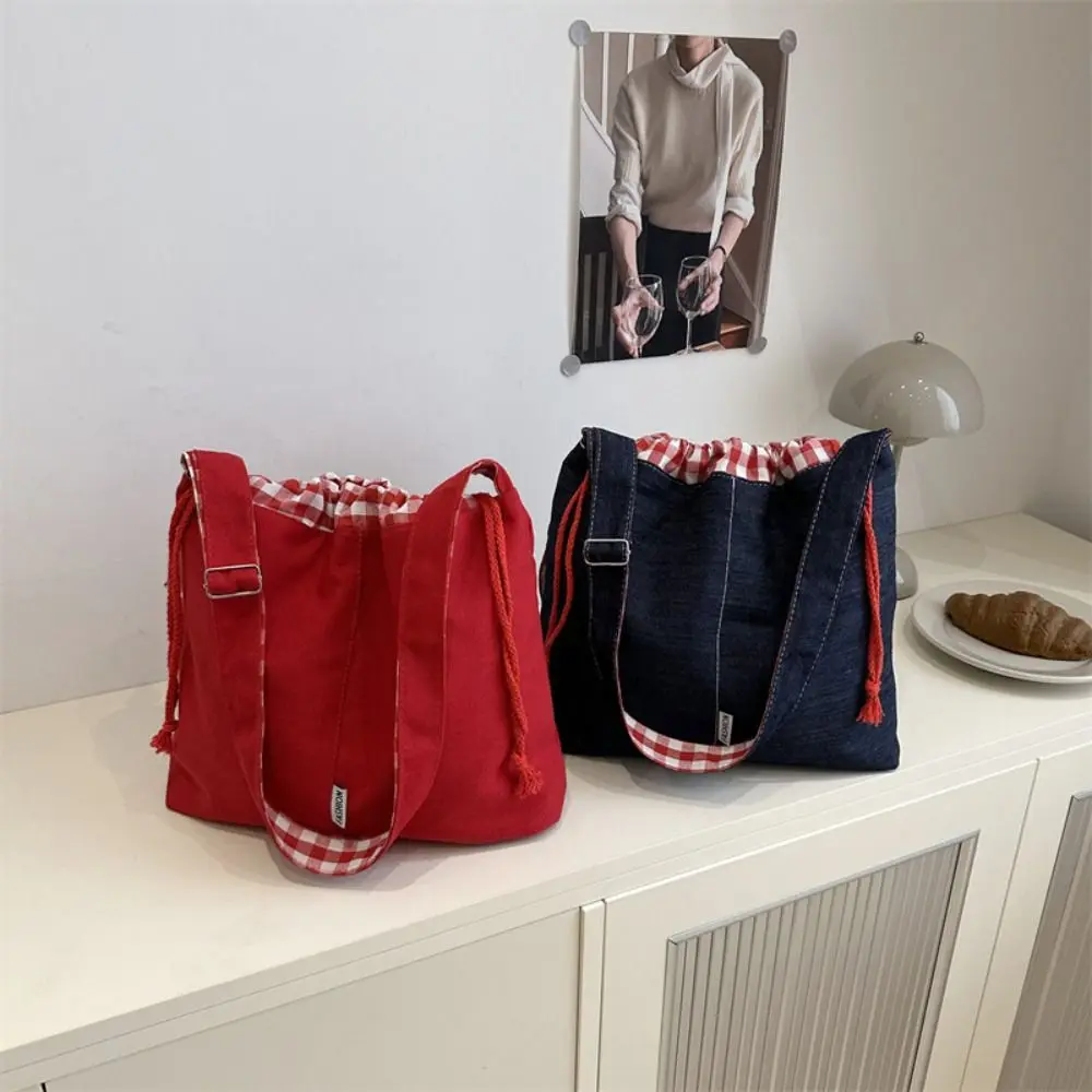 

Simple Cloth Drawstring Bucket Bag Retro Korean Style Denim Canvas Bag Large Capacity Handbag Tote Bag Outdoor