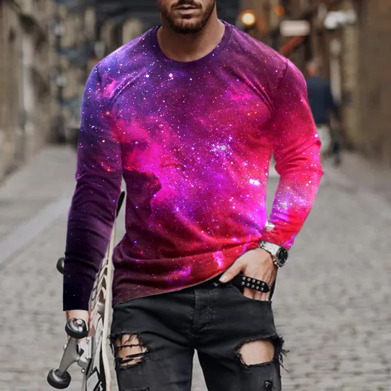 Pop Spring And Autumn Europe And The United States Men's 3d Colorful Printed Men's Casual Trend Crewneck Long Sleeve T-shirt